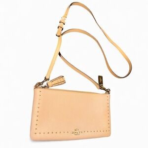 COACH Lyla Small Beige Flat Cross Body Cross Grained Leather Studded Purse Bag